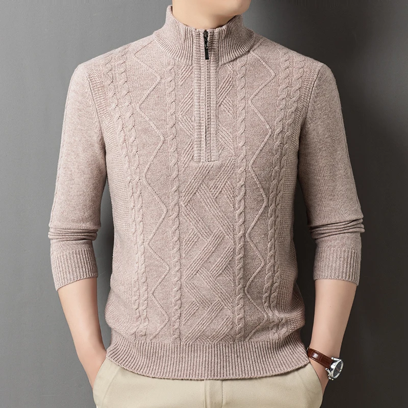 

Ture 100% Sheep Wool Clothes for Men 2025 Winter Thick Twisted Zipper Sweater Long Sleeve Warm Turtleneck Pour Wool Knitwear