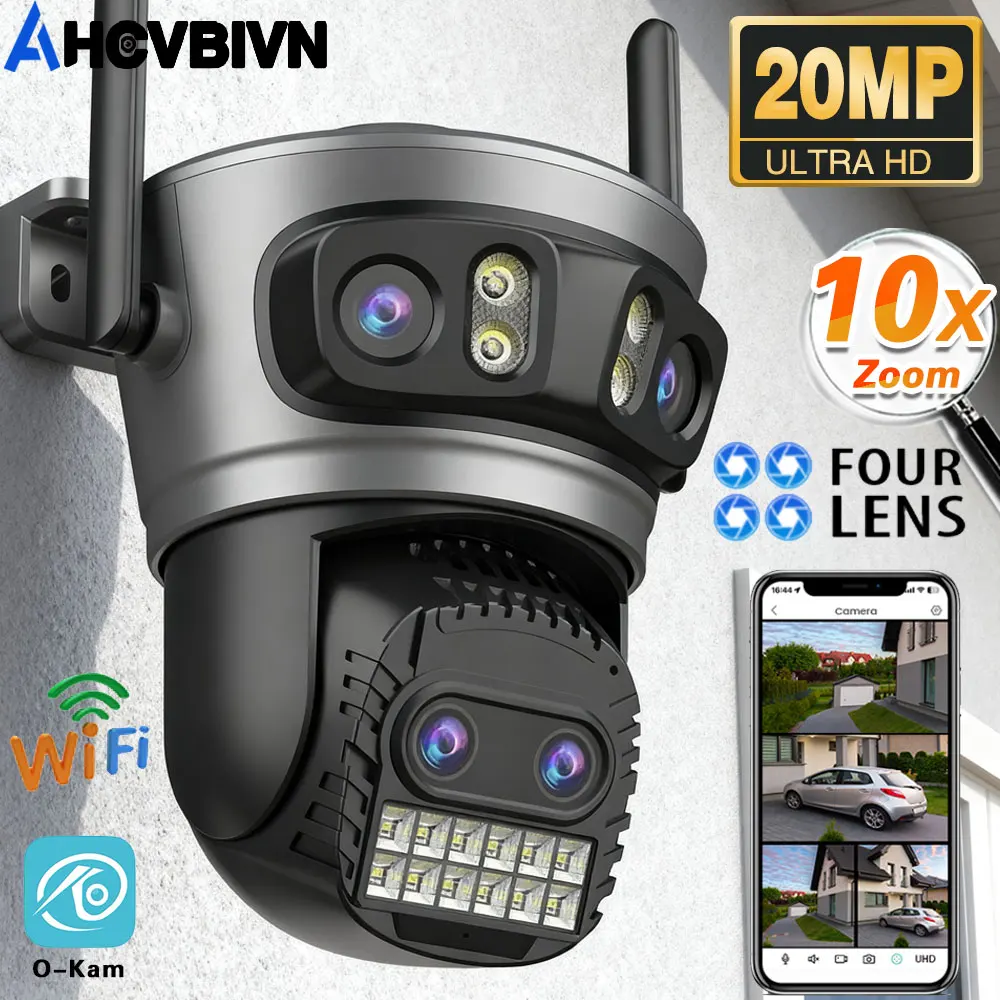 20MP 8K HD WiFi Camera 10X Zoom Four Lens Three Screen Auto Tracking Security Protection PTZ CCTV Video Surveillance
