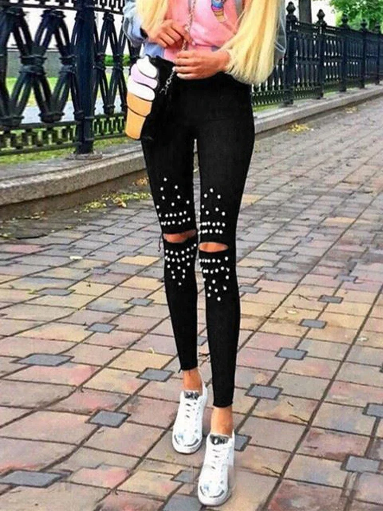 

BKLD 2024 New Trendy Stretch Cut Holes Beads Decoration Woman Black Pants Skinny High Waist Leggings Casual Chic Leggings