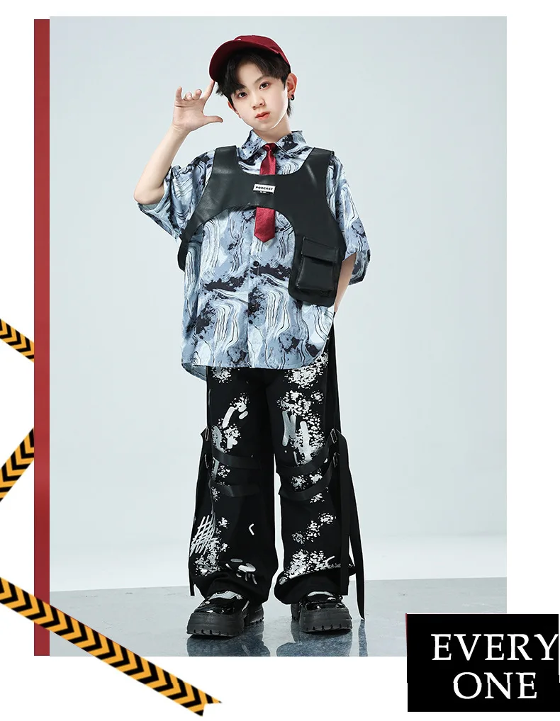 Hip Hop Jungen coole Tinte Malerei Blumen hemd Weste Cargo hose Mädchen Jazz Street Dance Kleidung setzt Kind Streetwear Kinder Kostüme – Detail 7