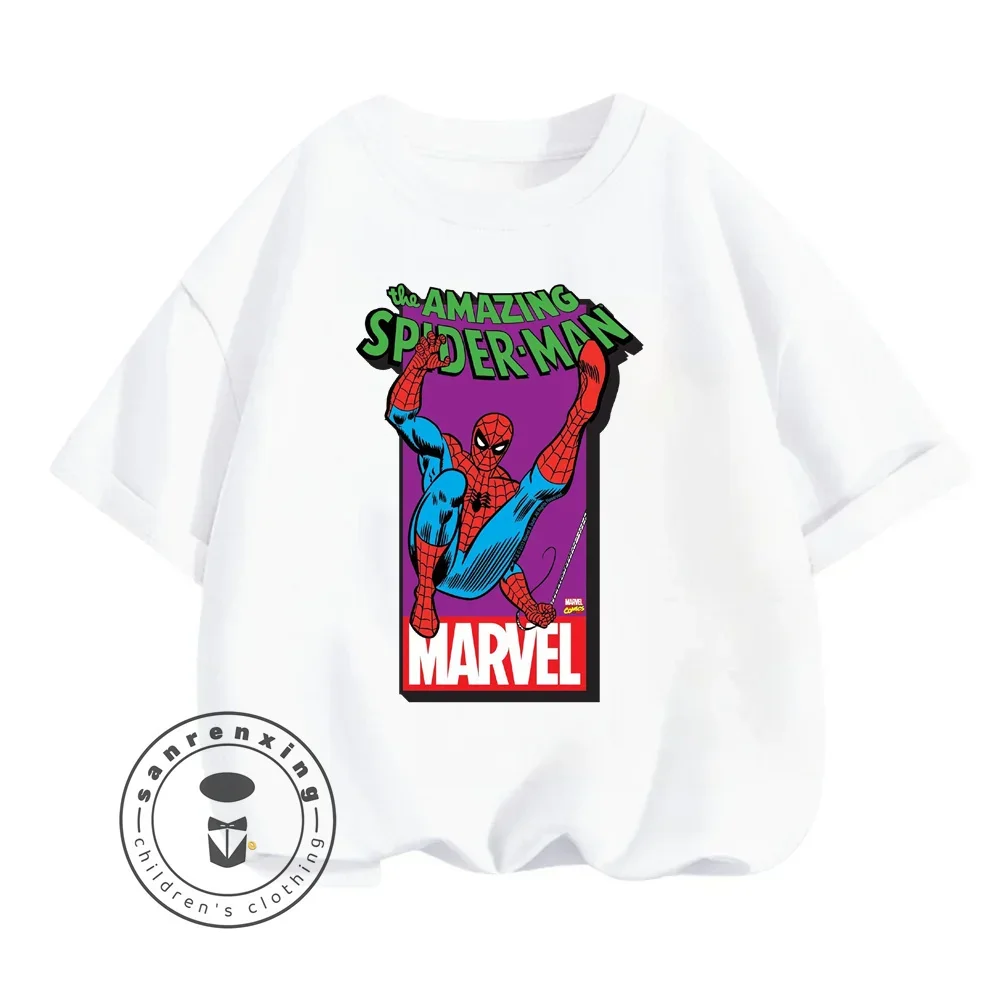

Unique Spider-Man Animated Cartoon Character Print Design O-neck Solid Color Soft Children Summer Everyday Wear Short-sleeved