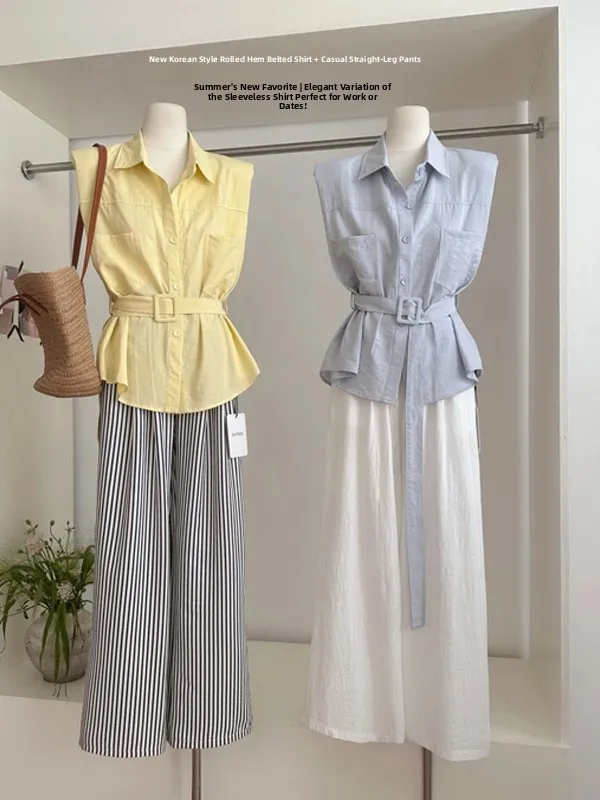 

Ele Svel irt Women's Summer 2025 New Design Versatile Top with Belt Korean Sle Straight Cut Polyester Fiber