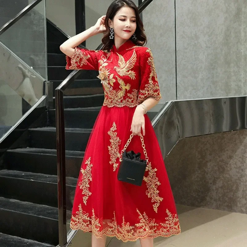 

Red Party Evening Long Cheongsam Retro Slim Dress Marriage Gown Chinese Style Wedding Qipao Lady Clothes kimono robe Formal Gown