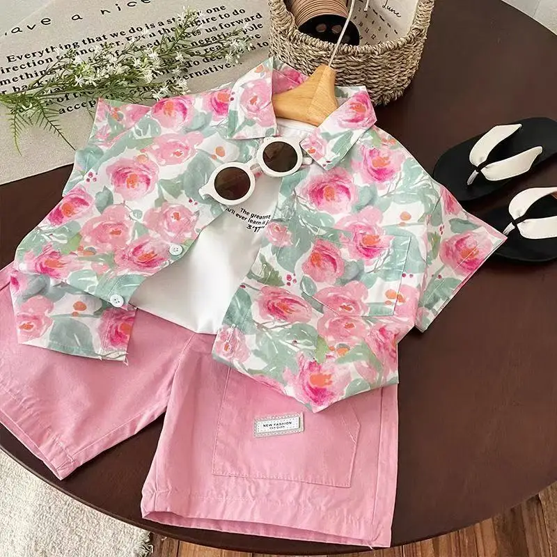 

Boys' Short Sleeved Flower Shirt Children's Vacation Beach Wear Summer Girls' Flower Dress Siblings' Outfit