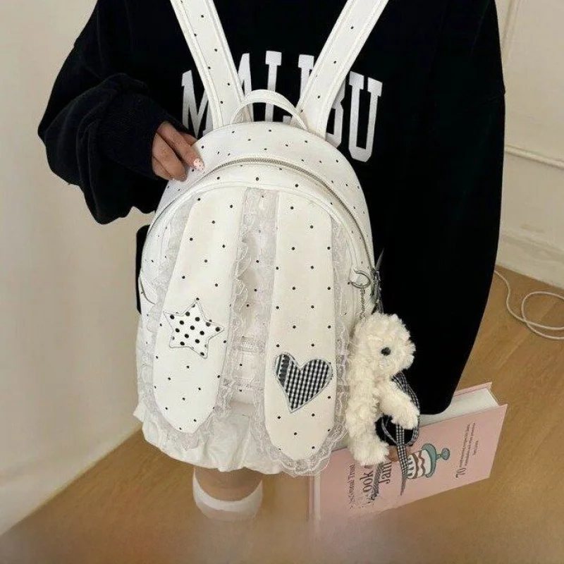 Adorable Girl's Polka Dot Rabbit Ear Backpack Commuter Versatile Student Bookbag Youthful Style Double Layered Waterproof