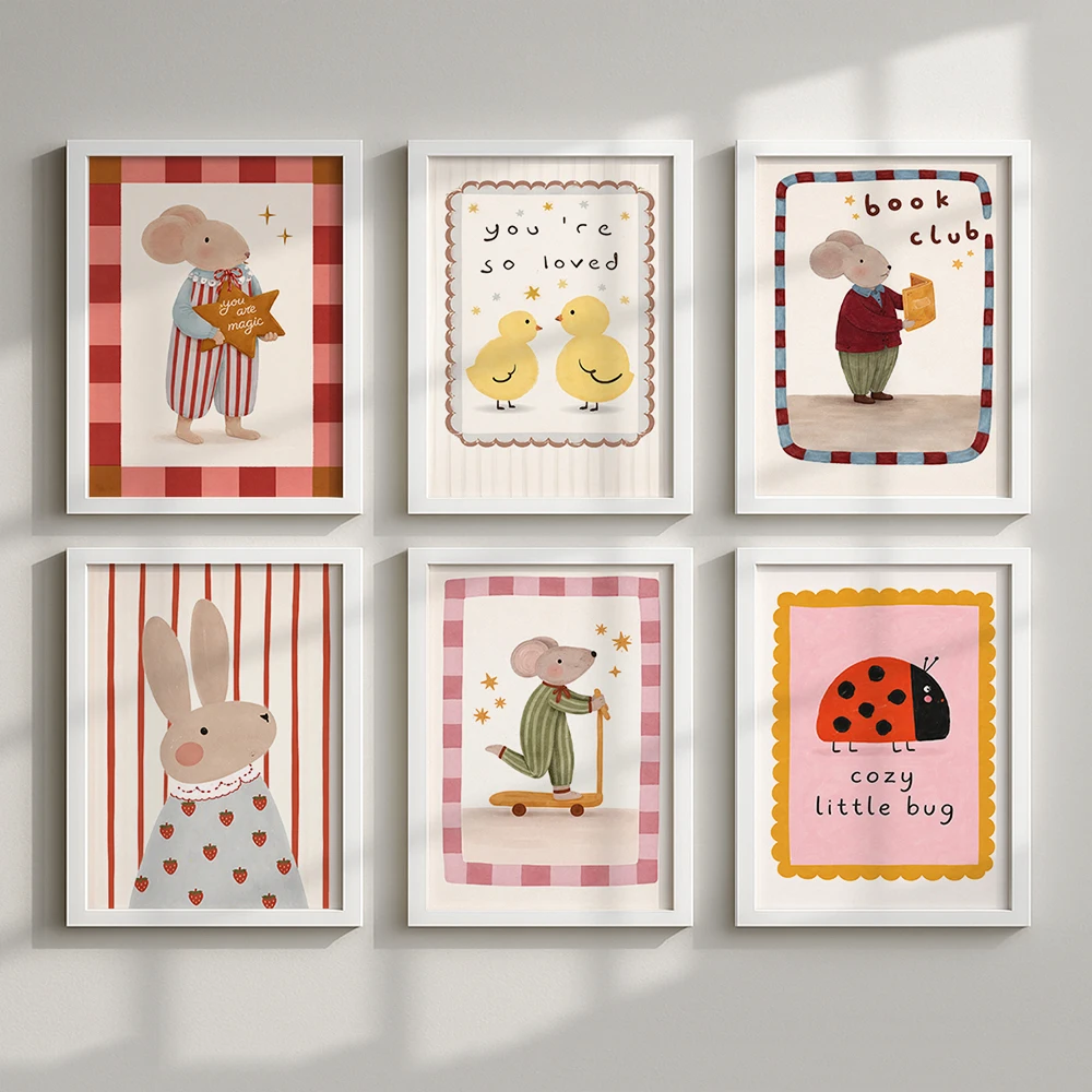 Set of 6 Cute Cartoon Animal Canvas Posters for Kids Room Nursery Wall Art Featuring Mouse Rabbit Chick Insect Cozy Home Decor