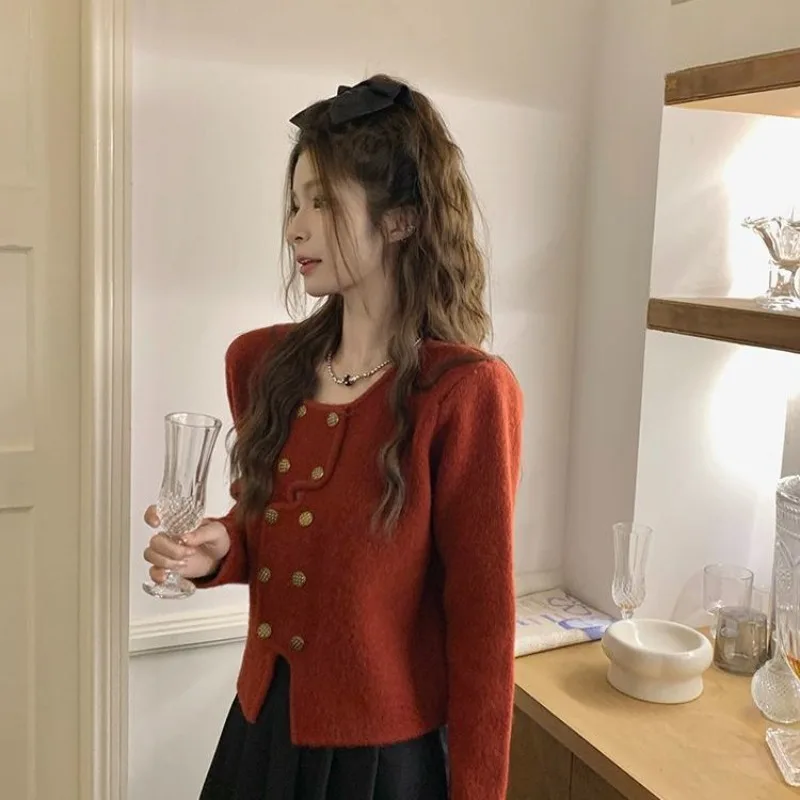 French Style Irregular Knitted Cardigan Women 2025 Spring Autumn Fashion New Double Breasted Chic Elegant Long Sleeve Outerwear