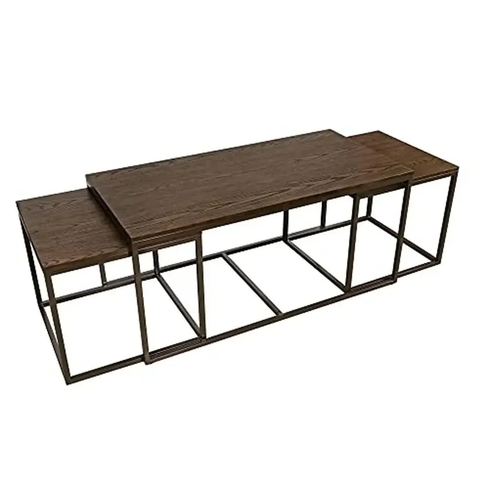 Brown Oak Veneer Coffee Table Set 3-Piece Living Room Steel Leg Frame Modern Rectangular 48