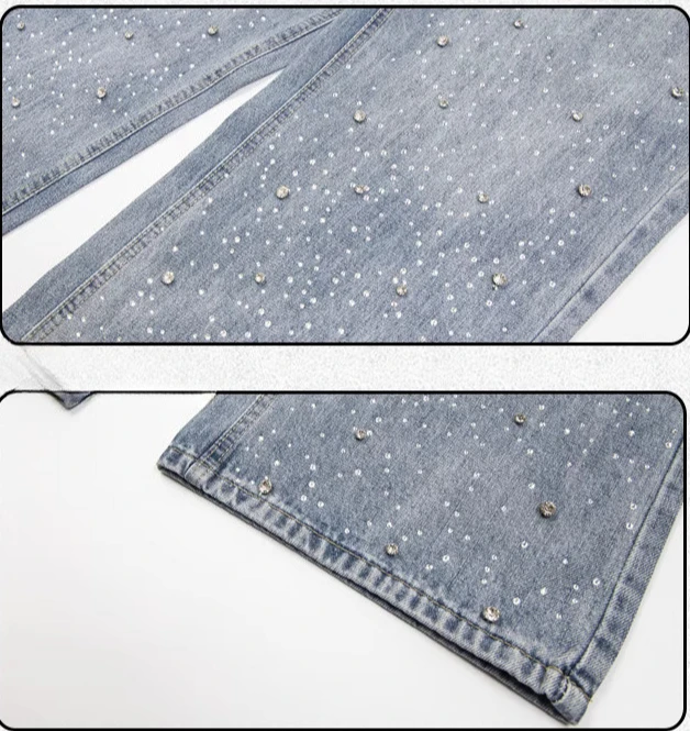 American Style Retro Men Women The Same Four Seasons Trousers Trendy Jeans Rhinestones Loose Straight Wide-Leg Denim Long Pants