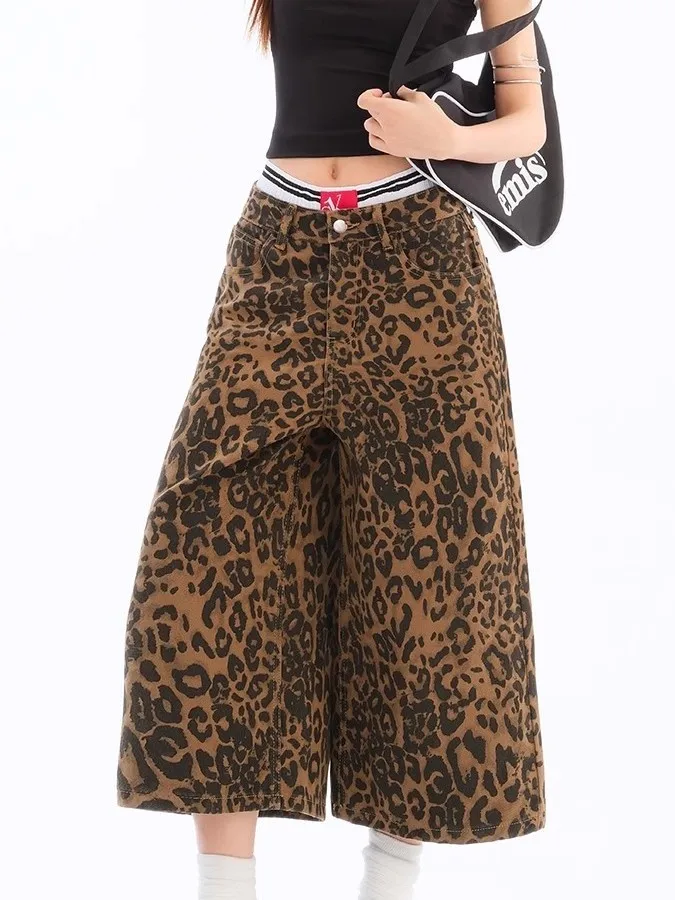 بنطلون نسائي واسع الساق بخصر مرتفع وطبعة الفهد على الطراز الأمريكي، مقاس كبير، فضفاض ومريح للصيف #1
