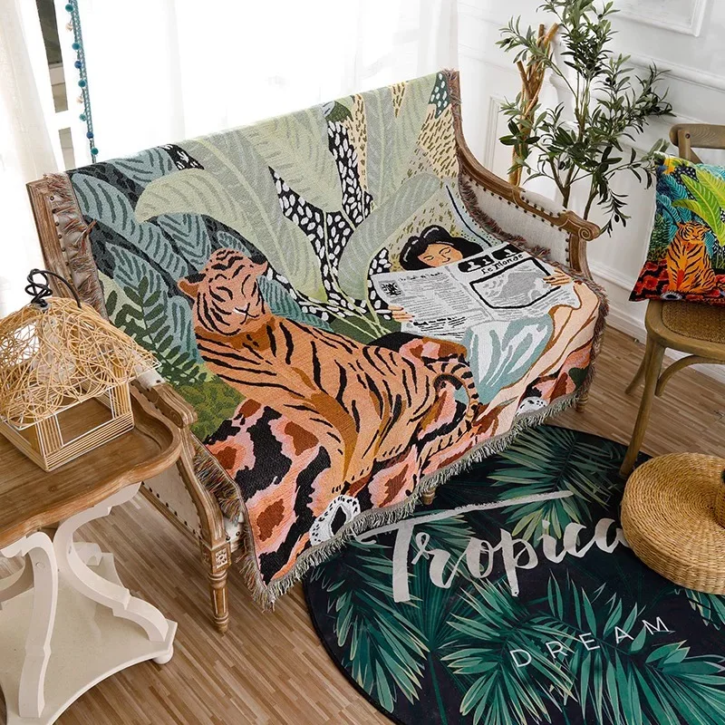 Ins Cartoon Tiger and Girl Abstract Knitted Tassel Bed Sofa Cover Camping Picnic Wall Hanging Tapestry Home Decorations