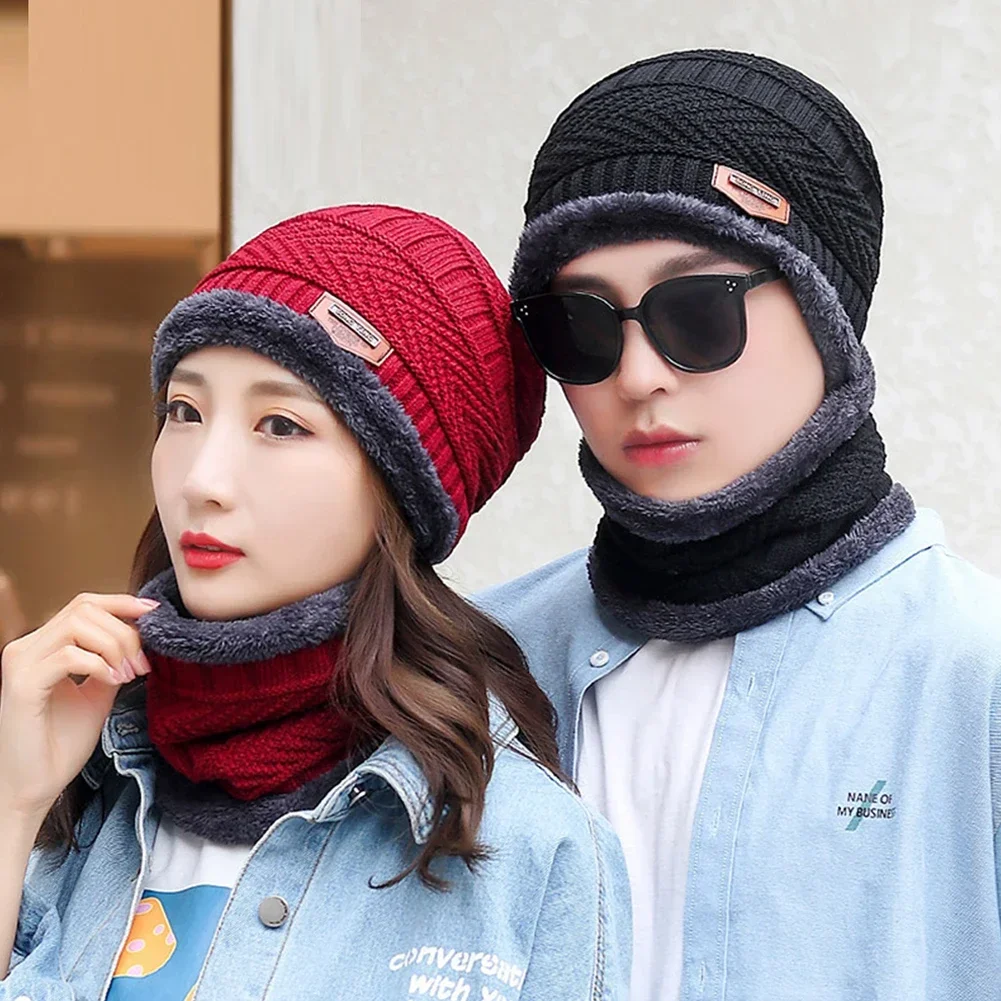 Winter Fleece Scarf Hat For Men Women Knitted Hat Warm Cap Thick Wool Neck Warmer Scarf Balaclava Mask Skullies Beanies