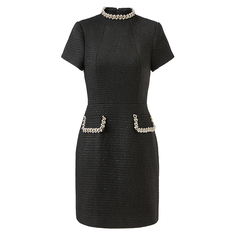 

2025 spring new French small fragrance style half-high neck beaded dress temperament slim waist-hugging skirt