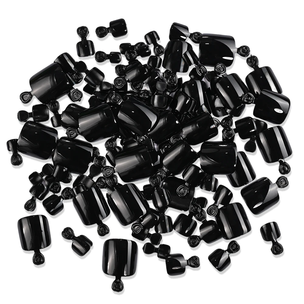 120 Uds. De uñas de los pies negras brillantes, cubierta completa cuadrada corta, puntas de uñas postizas para mujeres de verano, extensión de punta de uña de pie falso y