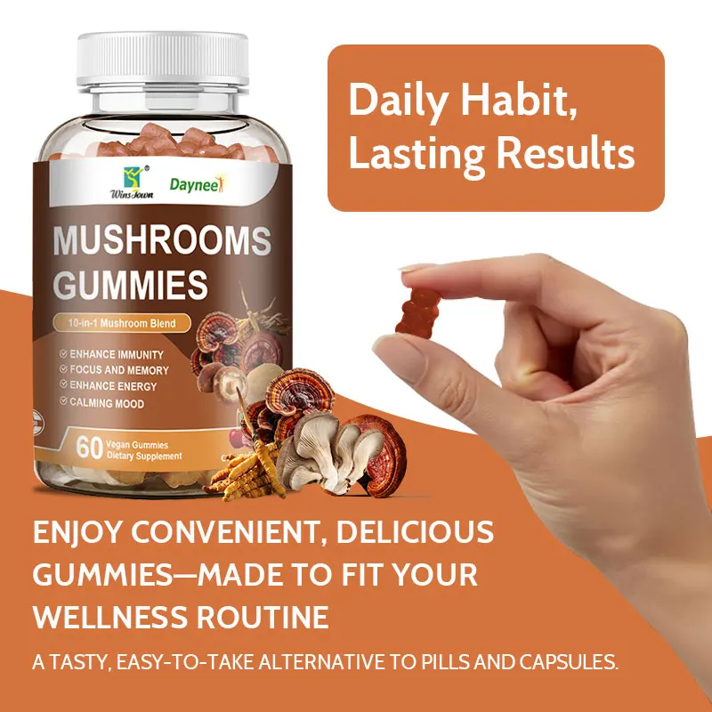 

Winstown 60 Pcs Mushrooms Gummies - Natural Stress & Mood Support, Enhance Immune, Memory & Focus - 10 in 1 Mushroom Blend