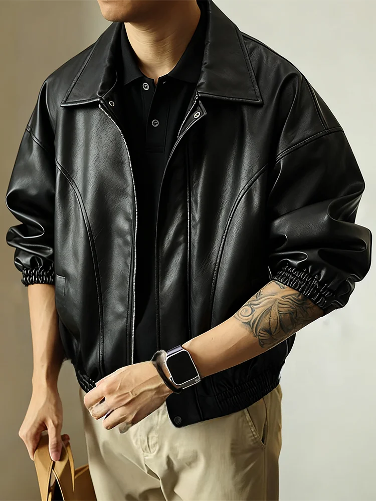 

American Sle Men's Leather Jaet Motorcycle Pilot Trendy Spring Autumn New Arrival Loose Fit Zipper Closure Long Sve