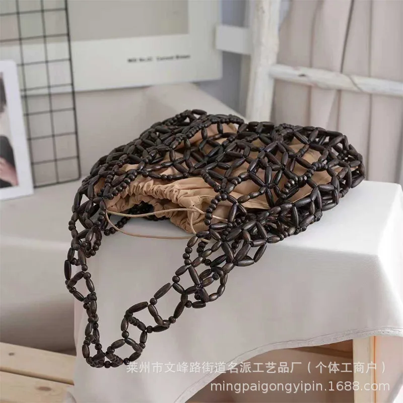 Beach Hollow Tote Bags For Women Luxury Designer Handbags Purses 2026 New In Hand-Woven Wooden Beads With Inner Pocket Shoulder