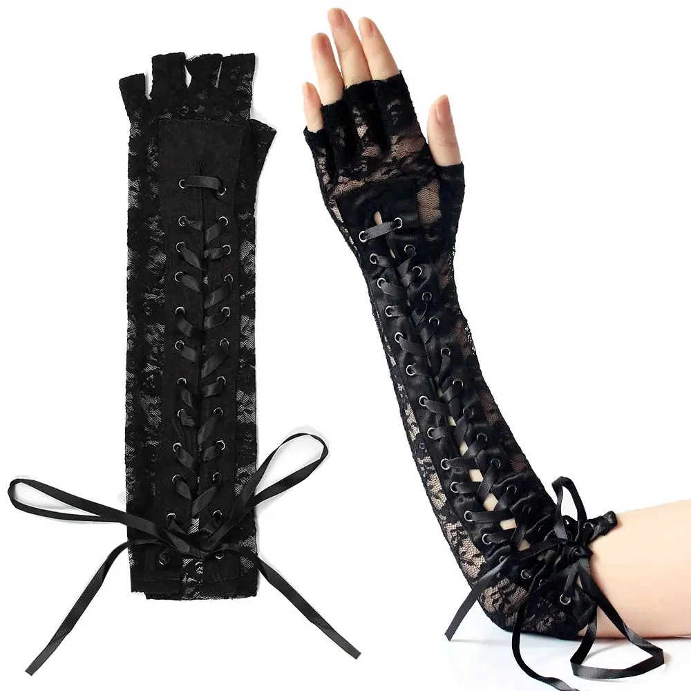 1 Pair Women Long Party Cosplay Fingerless Silk Ribbon Lace Gloves Punk Gothic Mittens Halloween Gloves