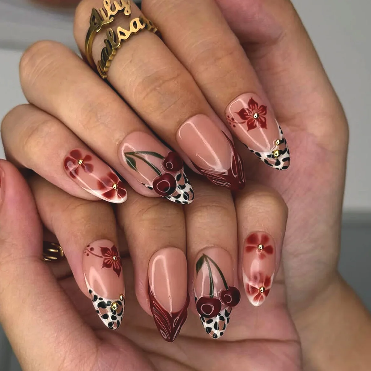 24PCS Press on Nails 3D Cherry Retro Flowers with Leopard Print French False Nails for Women Wearable Nails Manicure Set