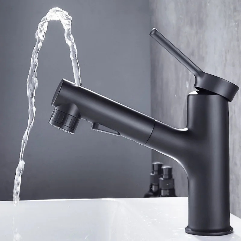 Faucet Bathroom Hot Cold Water Washbasin Pull Out Lift Mixer Tap 360° Basin Kitchen Sink Faucet Household Silver Black Gray