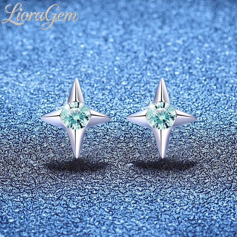 

LioraGem Teal-Green Moissanite Stud Earrings for Women, Four-Pointed Star Moissanite Screw-Back Studs Platinum PT950 Stamp