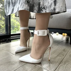 Free Shipping2023 New Style Autumn White Matte BuckleAnkle Strap Women Lady Hot Sale 12cm High Heel Dress Shoes Pump Big Size 46