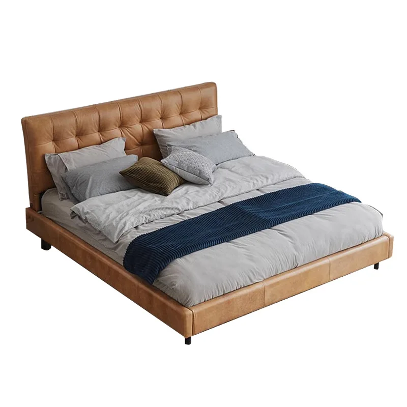 

Retro simple oil wax leathermaster bedroom big bed modern light luxury suspended wedding bed