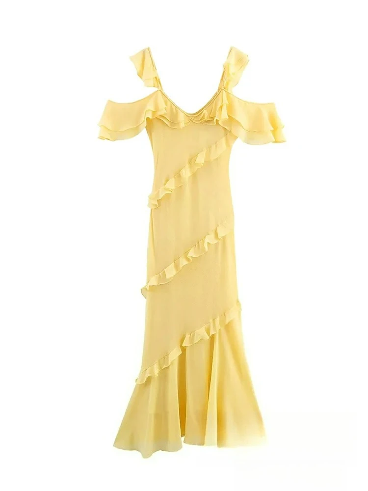 KONDALA Sexy Chic Vrouwen Jurk Geel Solid Cami Lange Tiered Rechte Chiffon Jurk Mode 2025, Herfst Avond Club Feestjurk