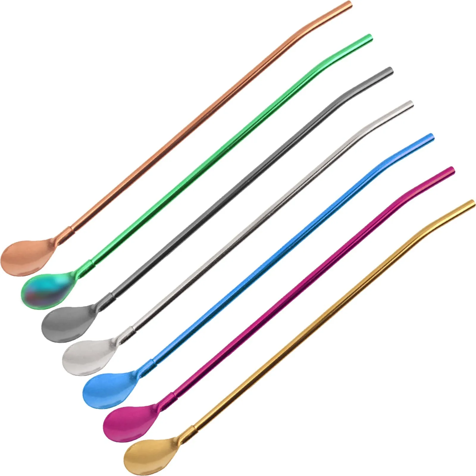 Multicolored Coffee Spoon Stainless Steel Pipette Straw Fruit Milk Tea Drink Long Handle Metal Mixing 10pc/lot
