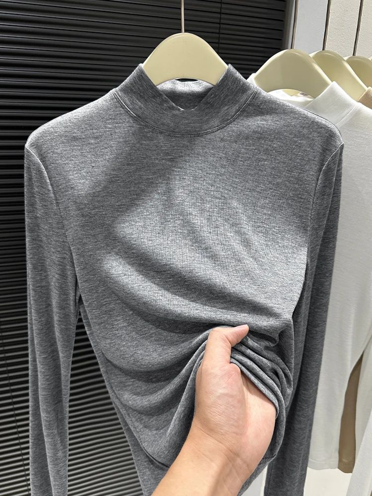 

Мягкая, приятная к телу вязаная базовая футболка с воротником-стойкой для женщин, для ранней весны, с высоким воротником, облегающая, для ношения под одеждой