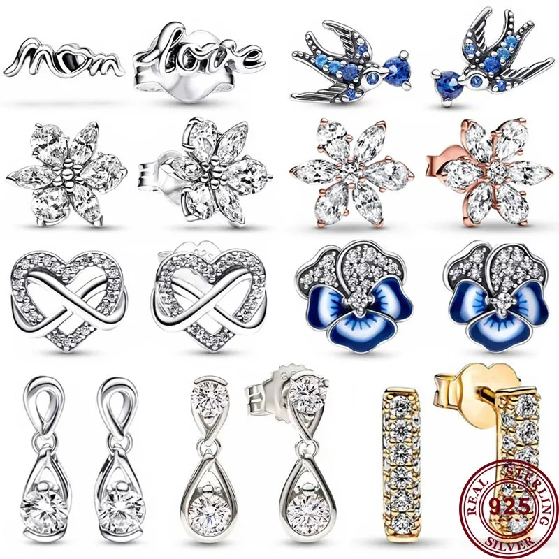 925 Sterling Silver Brincos Floco De Neve para Mulheres, Original Mulheres Gota de Água Logotipo, DIY Charme Jóias, Dia das Mães, Amor Coração, Venda Quente