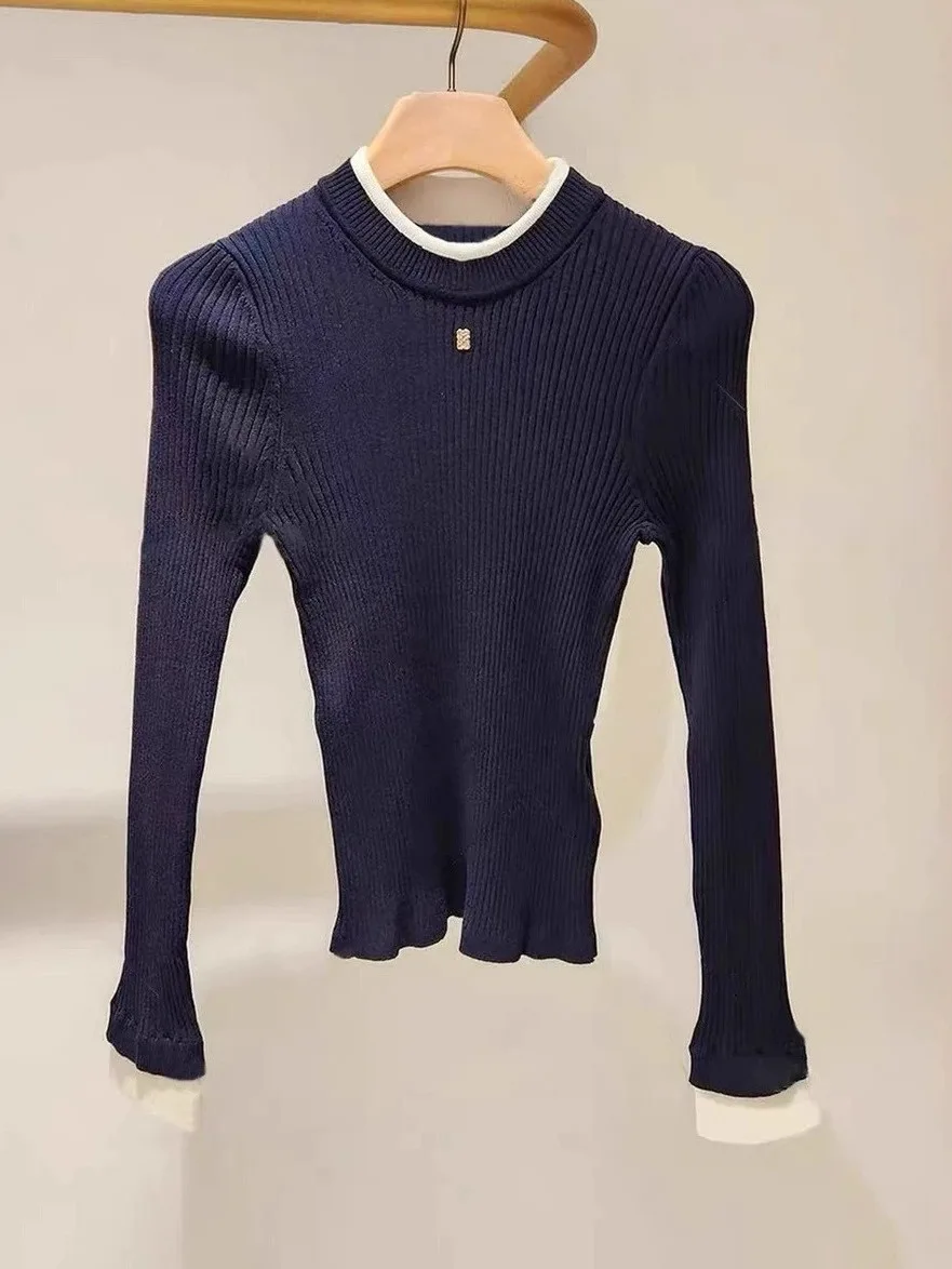 سترة محبوكة أنيقة بأكمام طويلة باللون الأزرق الداكن، إصدار راقي بقصة ضيقة، قطعة متعددة الاستخدامات بأسلوب فرنسي وياقة مستديرة... #3