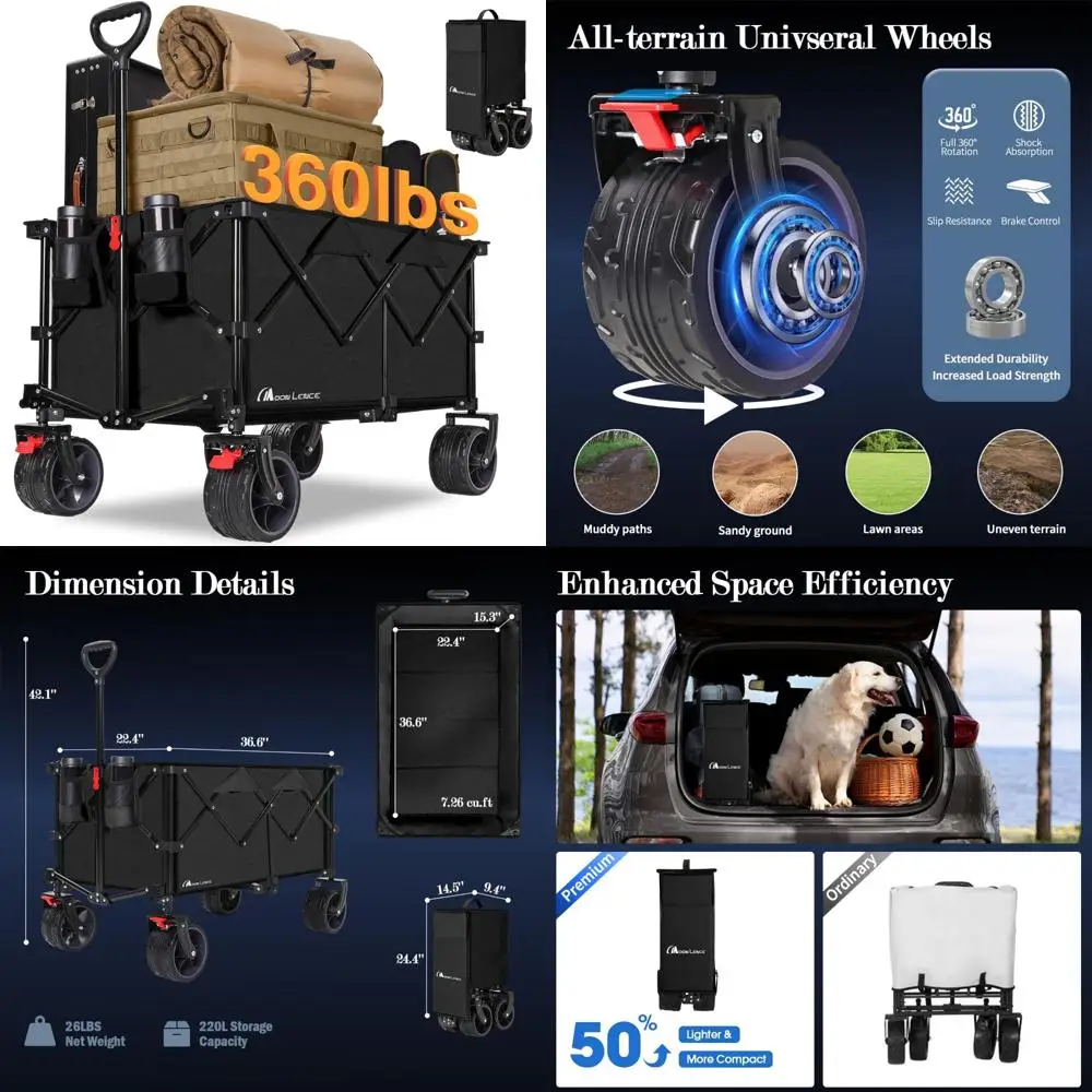 

Heavy-Duty 220L Collapsible Folding Utility Wagon Cart with All-Terrain Big Wheels, Suitable for Outdoor Activities and Heavy Lo