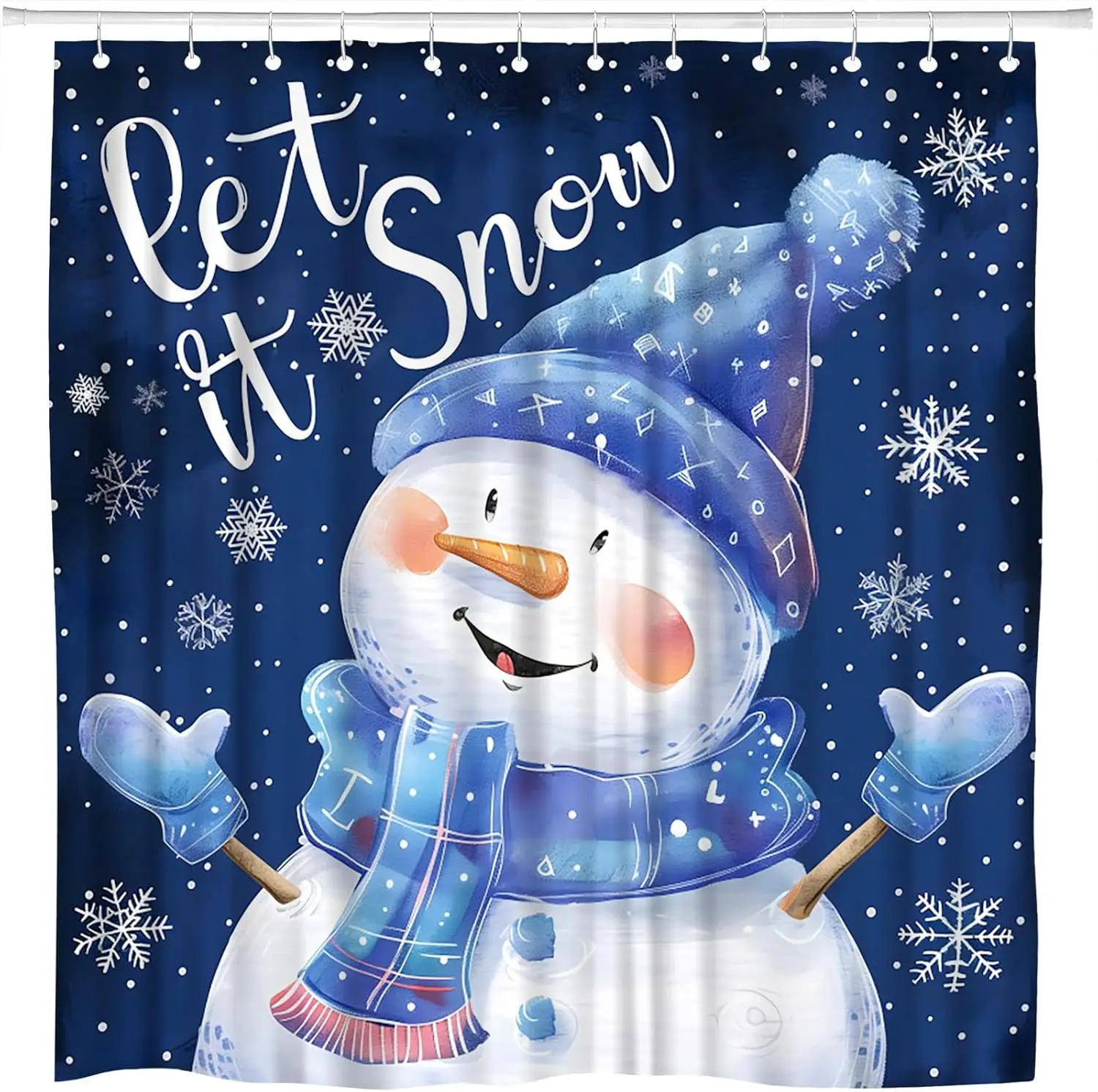 Happy Snowman Shower Curtain Winter Merry Christmas Snowflake Cute Snowman Shower Curtain for Bathroom Polyester Curtains Set