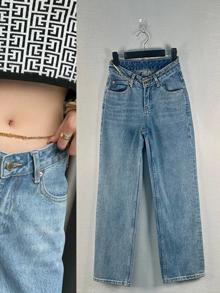 [zoci] Autumn Wang Aw Chain Jeans High Waist Straight Tube Loose Thin Pants Female Celebrity Same Style Summer Edition