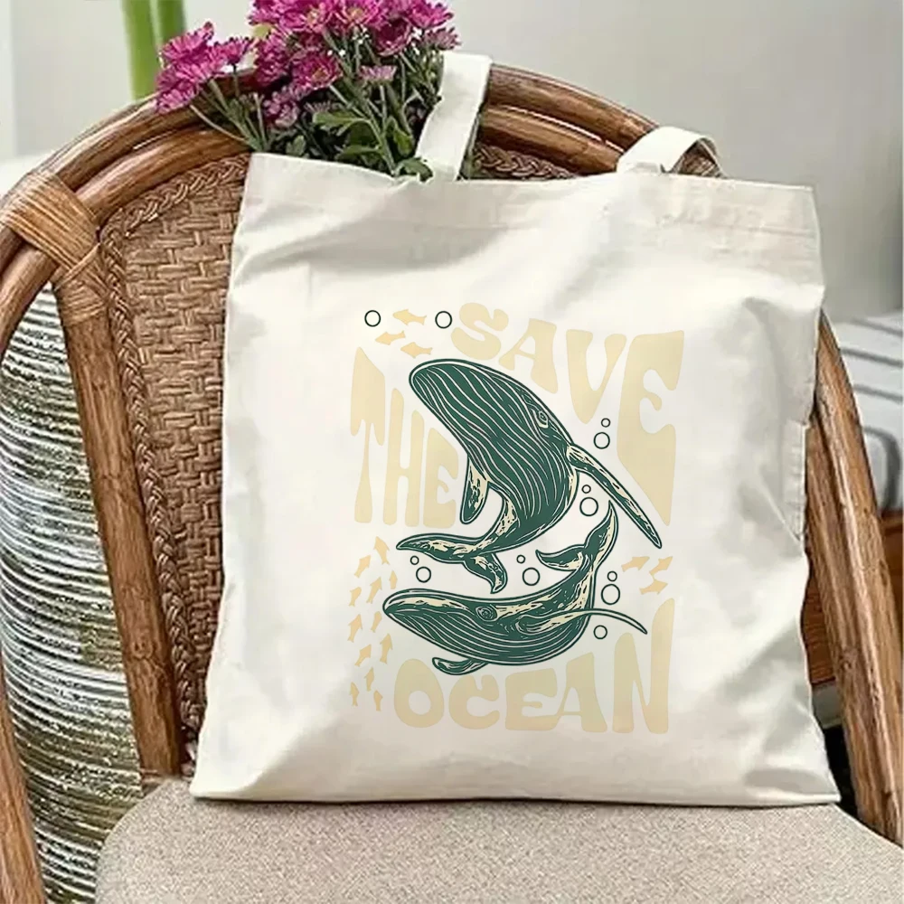 

Summer Sea Whale Graphic Canvas Shopping Bag Aesthetic Coastal Animal Pattern Literary Eco Friendly Travel Shoulder Tote Bag