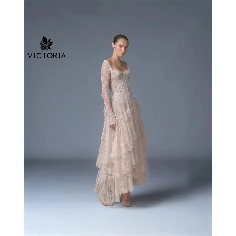 Lace Long Sleeve Prom Dress Blush Pink Square Neck High Slit Bridal Shower Wedding Gown Evening Formal Party Maxi Customized