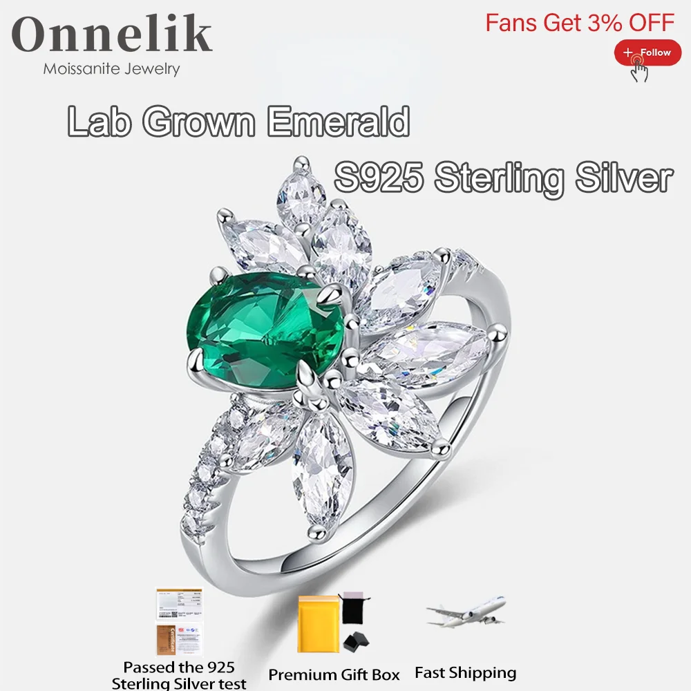 

Onnelik 6*8mm Oval Real Lab Grown Emerald 100% S925 Sterling Silver Rings for Women Wedding Engagement Party Fine Jewelry Gifts