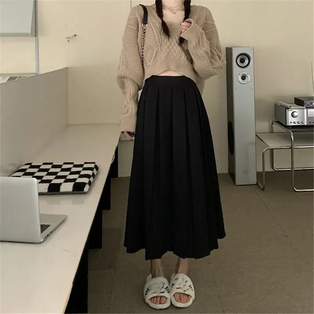 Students Long Pleated Skirt Women Brown Korea Fashion Autumn High Waist Black Midi Skirt Preppy Elegant A Line Girls Skirts Gray