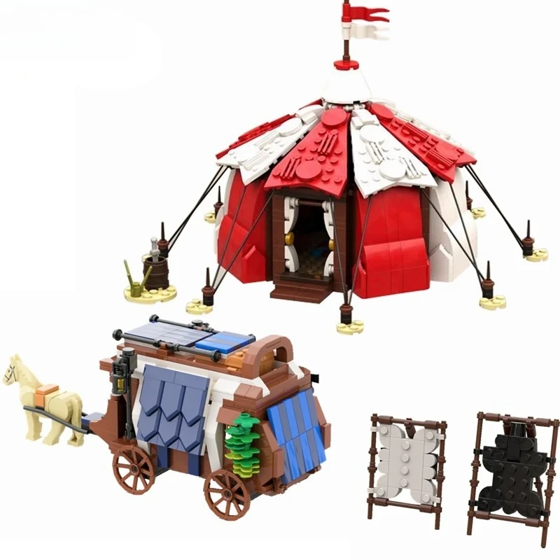 Ideas de Construcción de Bloques de Modelo de Carroza de Caballos de Viaje y Campamento de Asediados Medievales, Juguetes MOC para Adultos, Regalos
