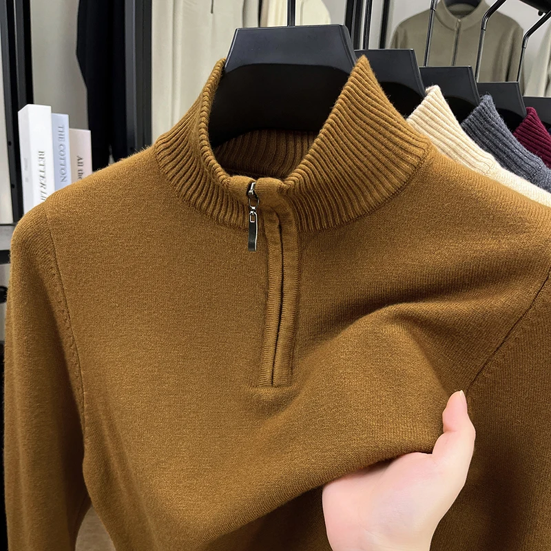 

Thiened f Zipper Woolen Sweater Men's Knitted Warm Base irt Pure Color Stand Collar Autumn Winter Dad Sle Casual Fas...