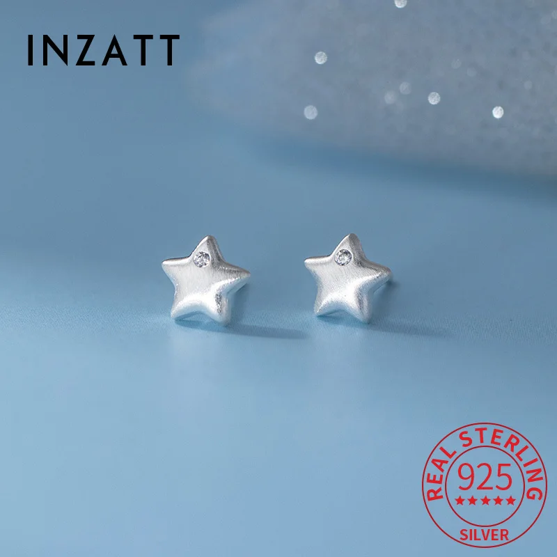 

INZATT Real 925 Sterling Silver Brushed Zircon Pentagram Stud Earrings for Women Classic Fine Jewelry Minimalist Accessories