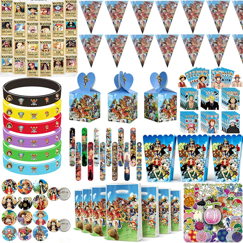 Décorations de fête One Piece, fournitures de drapeaux, porte-clés, bracelets à clip, remplissage de sacs cadeaux, remplissage de piñata, cadeaux d'anniversaire, faveurs de fête