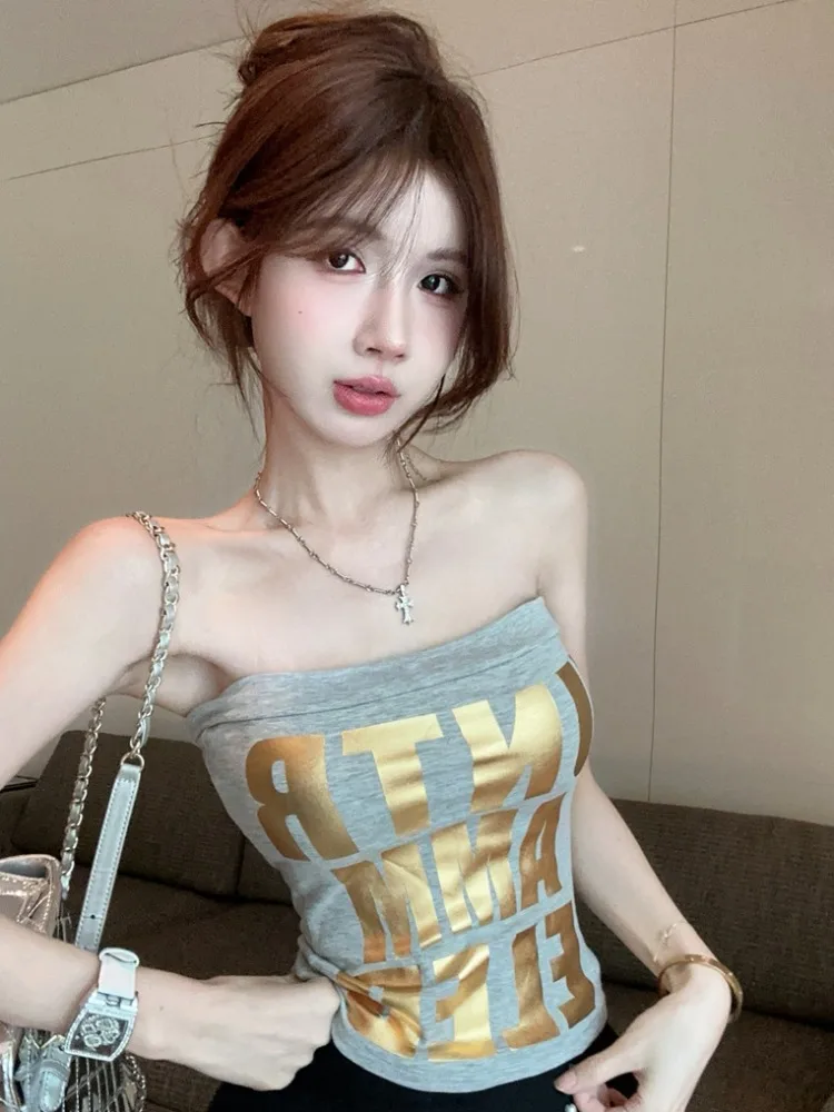 

Millennial Hot Girl Design Sense Short One-Shoulder Tube Top Women's Slim Fit Sleeveless Vest Summer Fashion Cotton Blend