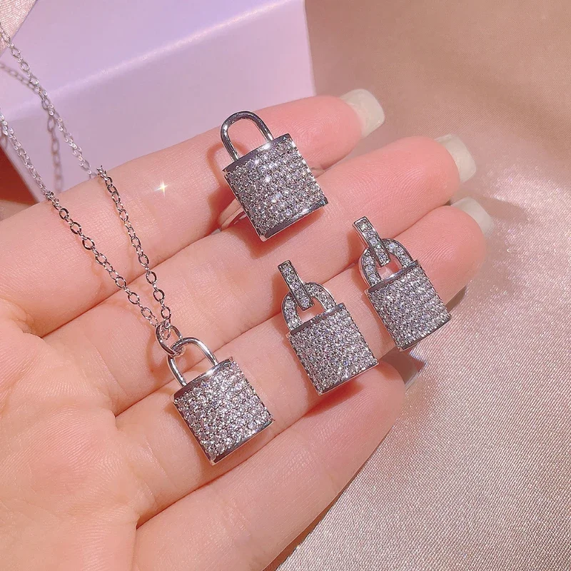 925 Silver Diamond Sparkling Lock Jewelry Sets Delicate Elegant Full AAAAA Zircon Attend Party Wedding Earrings for Women