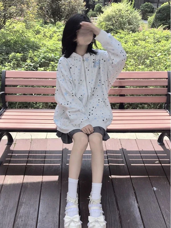 

Женский кардиган на молнии с капюшоном Design Sensation Street Sle, свободный крой со звездами и принтом, корейская версия, осенне-зимняя верхняя одежда