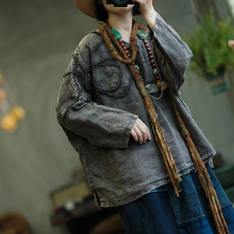 100% Linen Women Casual T-shirts New Arrival 2025 Autumn Vintage Style V-neck Solid Color Loose Female Oversized Tops Tees M
