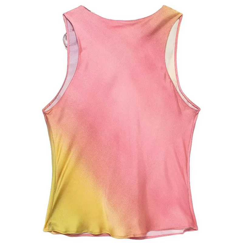 TRAF Women Top Tanks & Camis Tie Dye Crop Top Summer Sleeveless Cropped Satin Vests For Women 2024 Print O-Neck Short Casual Top