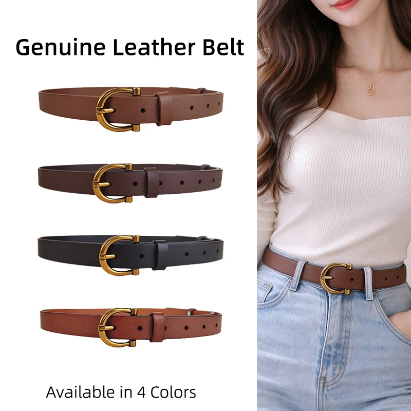 Womens Casual Belt Cognac Cowhide 2.3cm Gold Buckle for High Waisted Light Wash Jeans Commute Everyday Soft Outfit