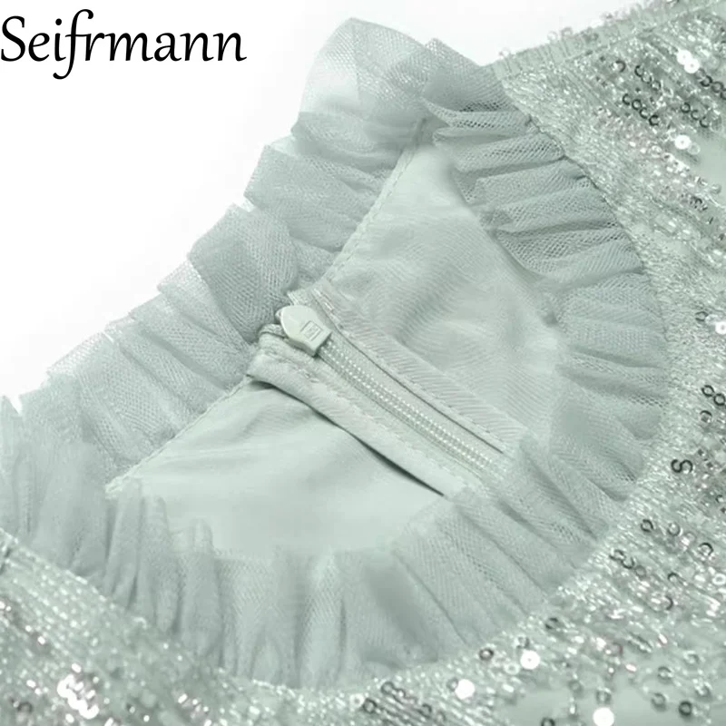Seifrmann – robe lanterne à col rond pour femmes, nouvelle mode, manches longues, perles scintillantes, taille brodée, printemps 2026 ﻿